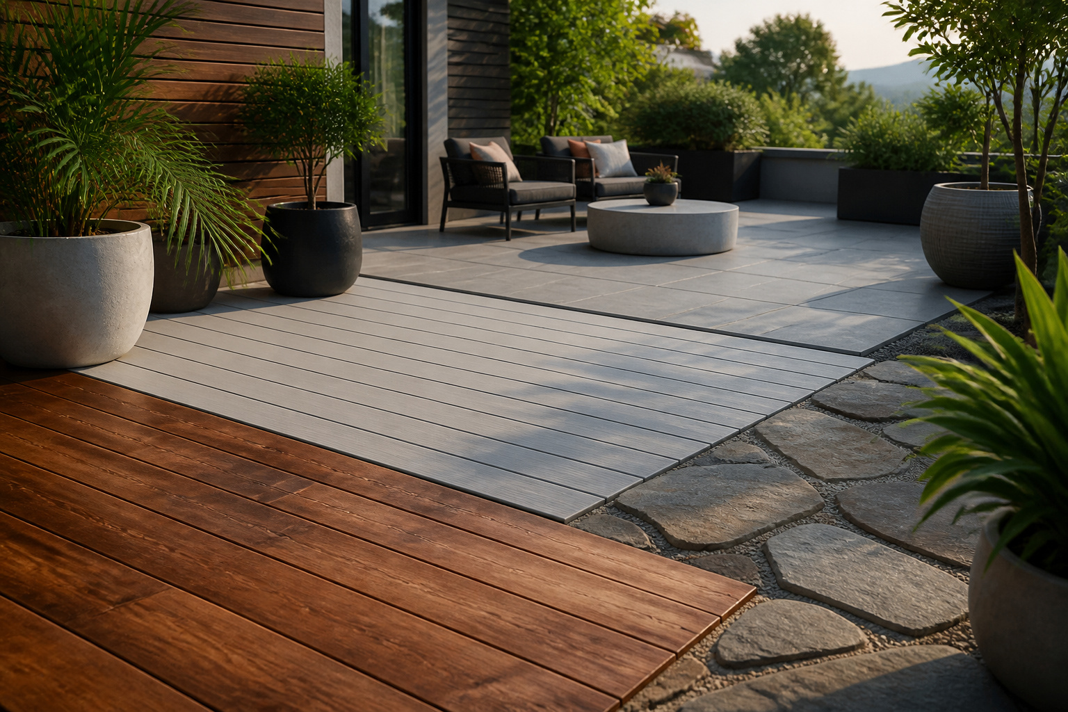 Terrasse moderne aux textures variees