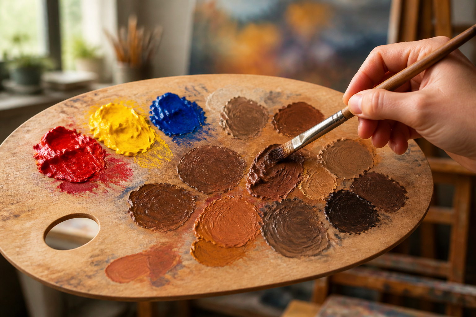 Melange de couleurs primaires sur palette dartiste