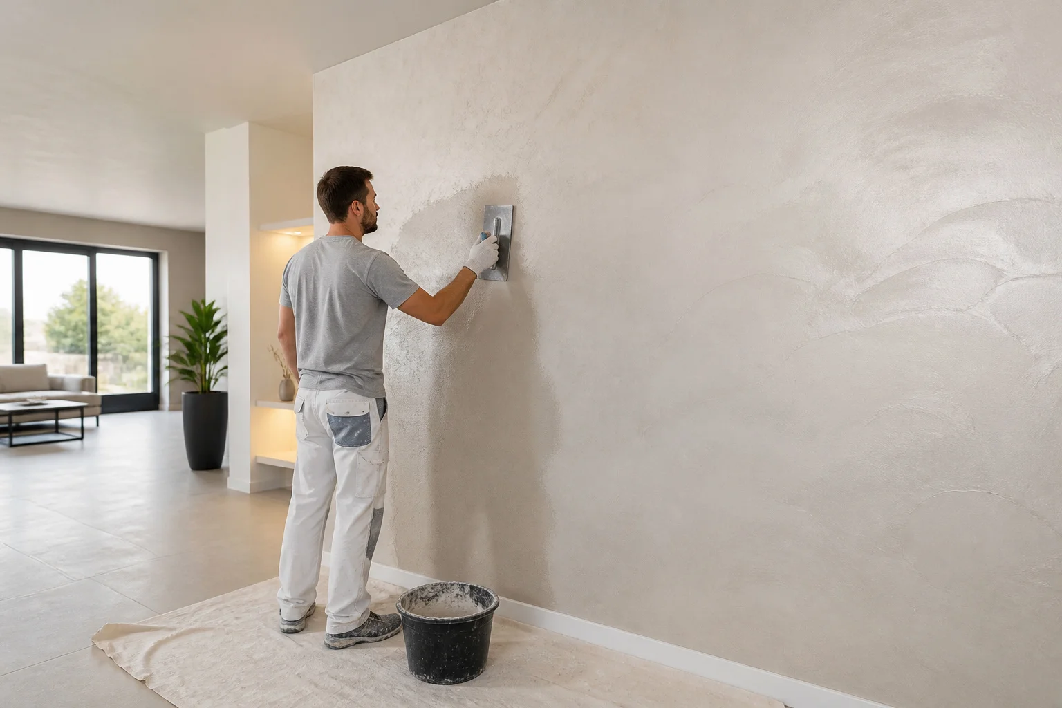 Application denduit texture sur mur interieur