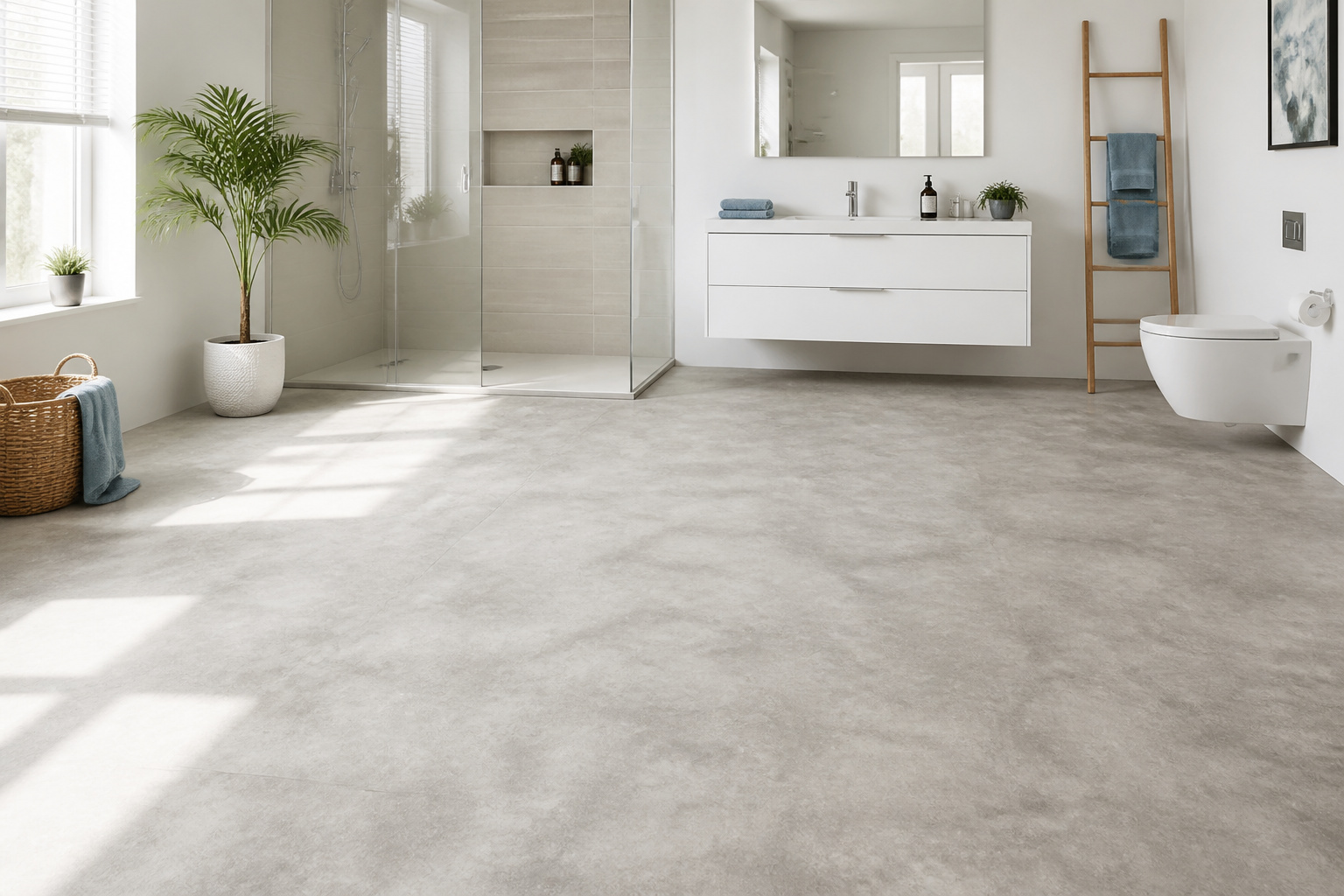 Salle de bain moderne au sol beton clair