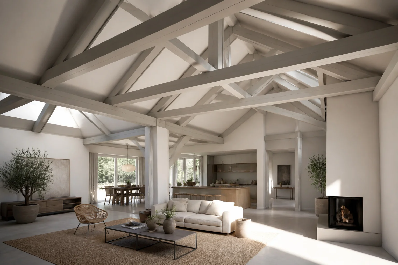 Charpente renovee dans un interieur moderne