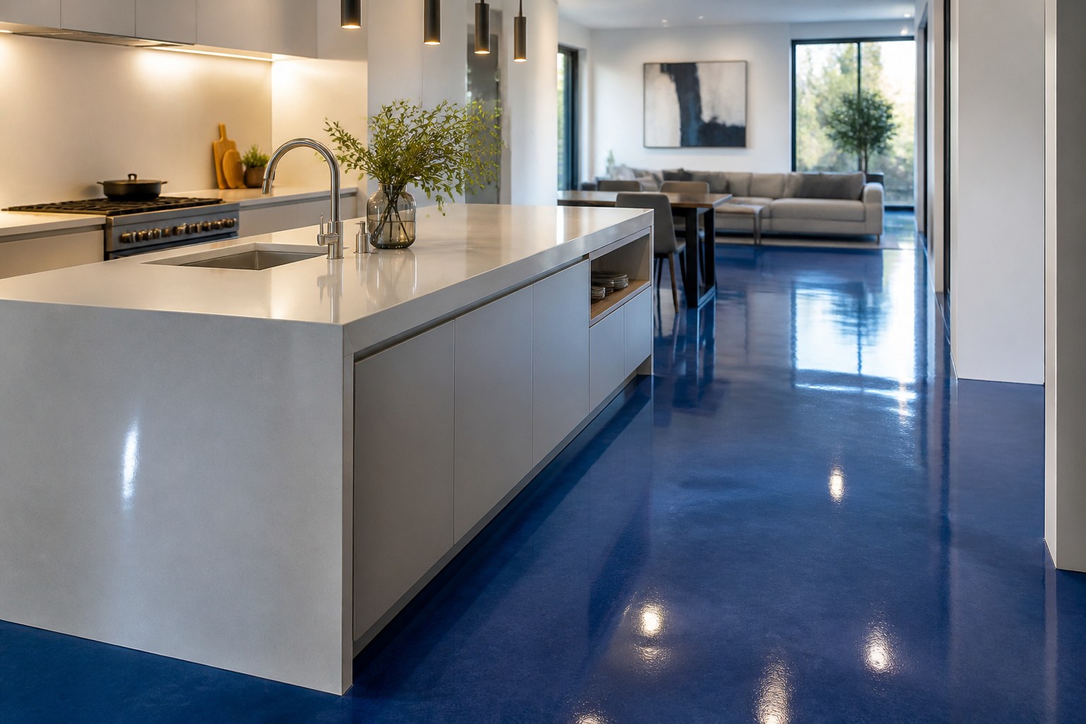 Cuisine moderne avec sol bleu profond et ilot blanc